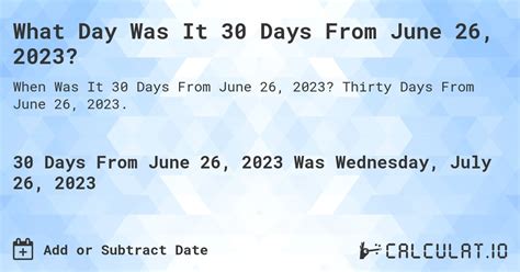 Start your calculation with Jun 24, 2023, which falls on a Saturday. Counting forward, the next day would be a Monday. To get exactly thirty weekdays from Jun 24, 2023, you actually need to count 41 total days (including weekend days). That means that 30 weekdays from Jun 24, 2023 would be August 4, 2023.